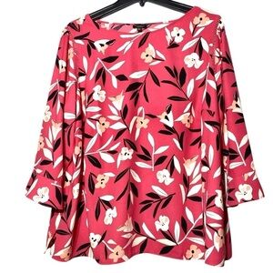 Talbots Women's Floral Blouse 2XP Sunkissed Coral 3/4 Bell Sleeves Side Zipper